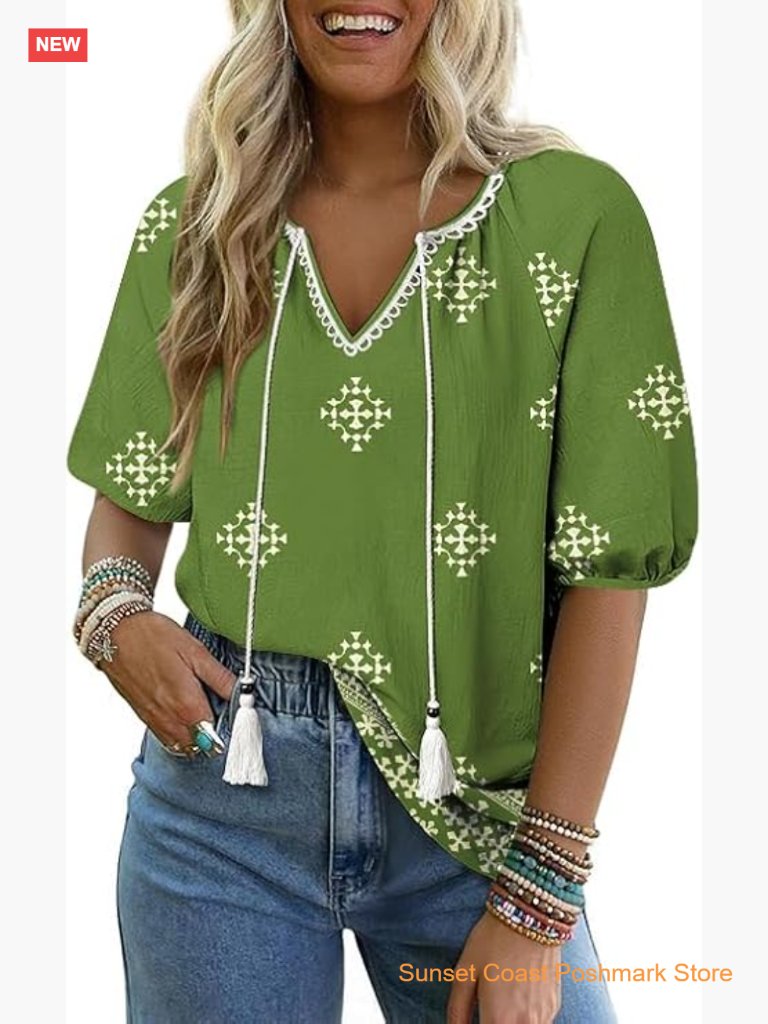 Boho Floral Print V-Neck Short Sleeve Blouse Tie Front Flowy Tunic